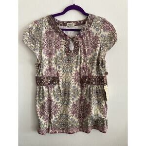 One World Tunic Top Women XL Floral Paisley Boho Button Keyhole NWT 100% Cotton